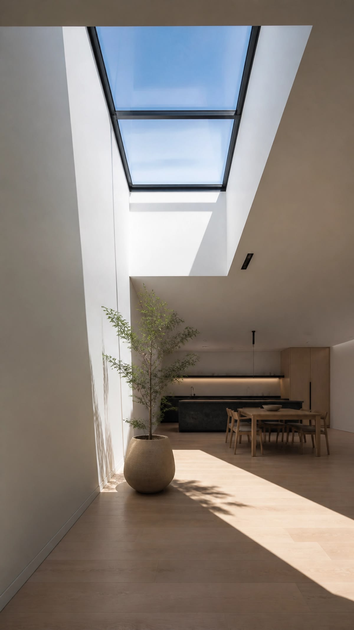 Linear skylight bringing daylight into a modern interior